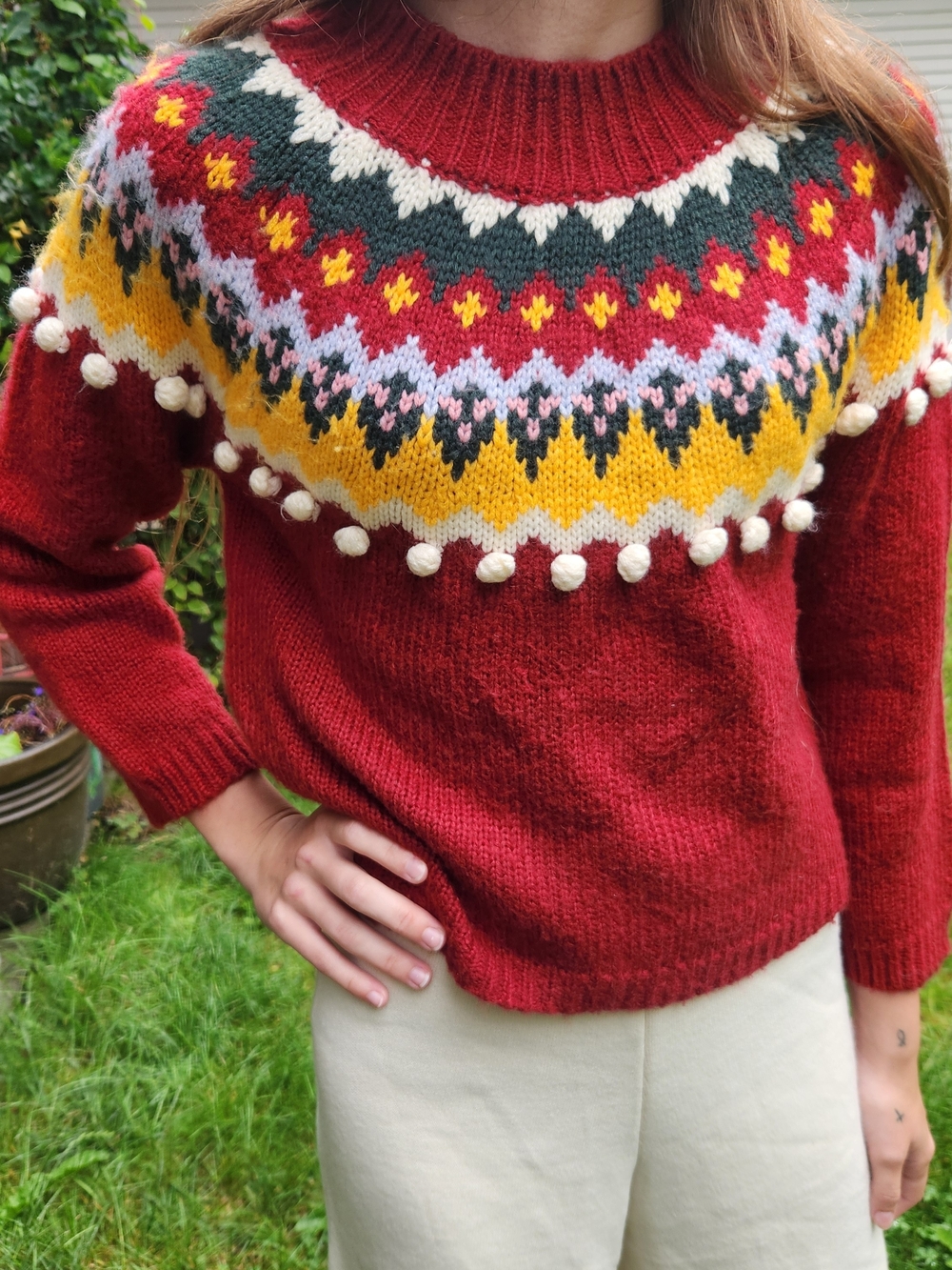 Women's Red Fair Isle Pom-Pom Knit Sweater